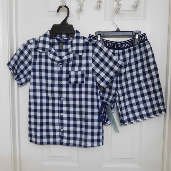 NWT 2pc Polo Ralph Lauren Navy Check Button Up Shirt & Shorts Pajamas sz 7 - Picture 1 of 1